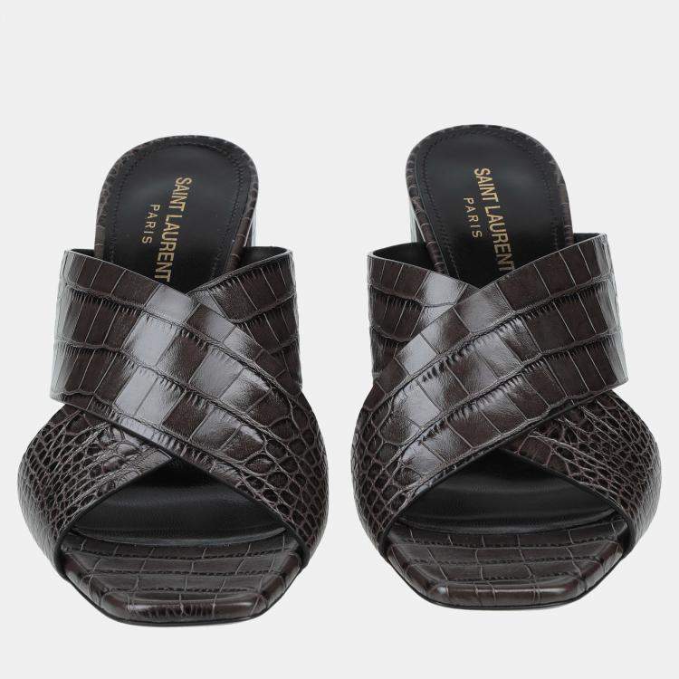Pre Owned Saint Laurent Croc Embossed Leather Cross Strap Sandals 35