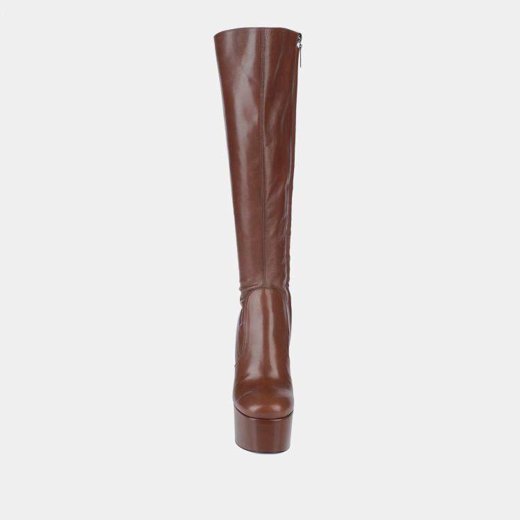 Pre Owned Saint Laurent Leather Knee Length Platform Block Heel Boots Size 38.5