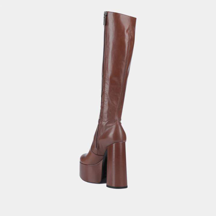 Pre Owned Saint Laurent Leather Knee Length Platform Block Heel Boots Size 38.5