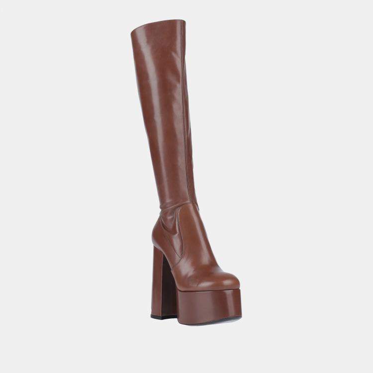 Pre Owned Saint Laurent Leather Knee Length Platform Block Heel Boots Size 38.5