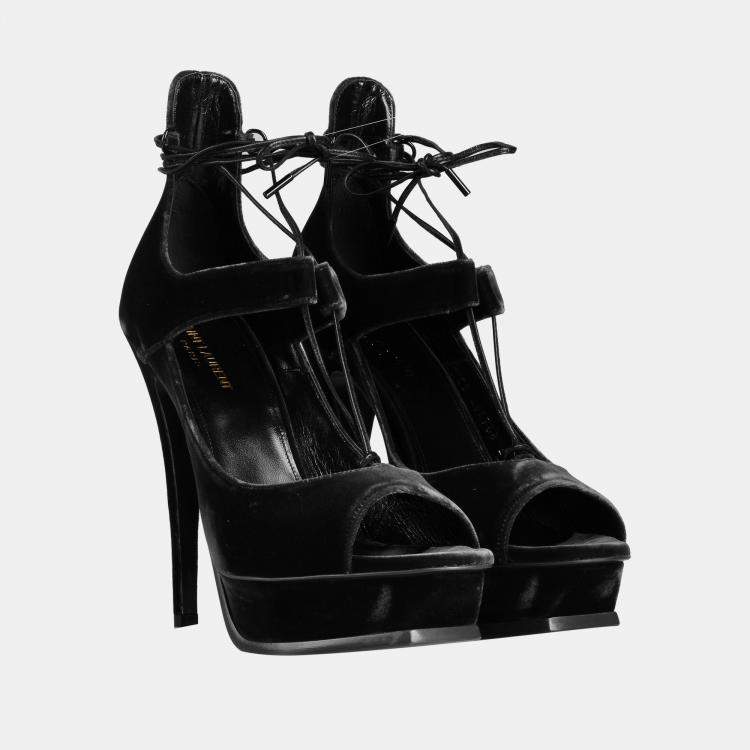 Pre Owned Saint Laurent Velvet Platform Sandals 38