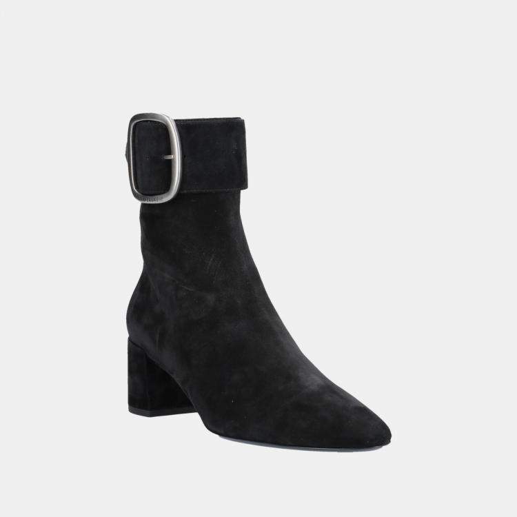 Pre Owned Saint Laurent Suede Buckle Detail Ankle Boots 38.5