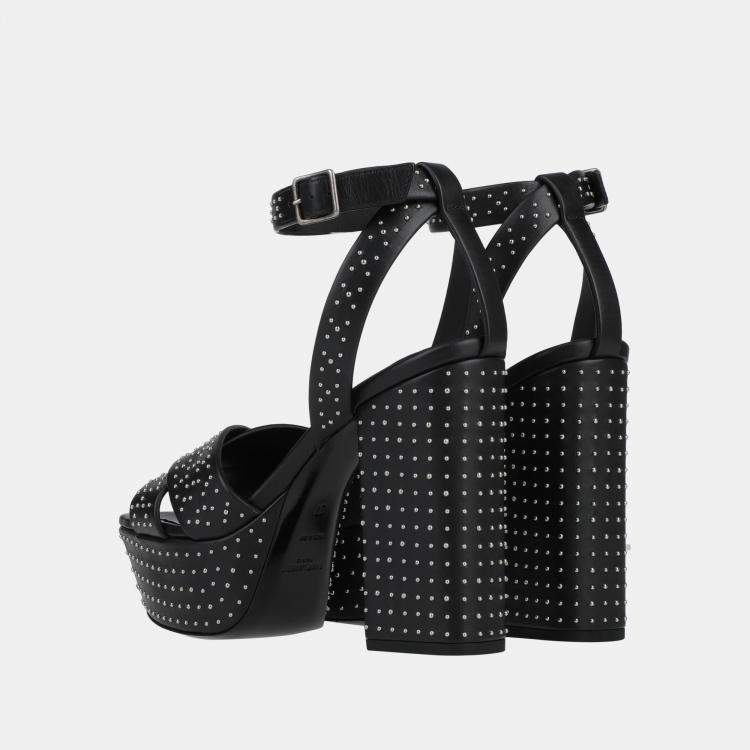 مملوكة مسبقًا Saint Laurent Black Studded Leather Platform Ankle Strap Sandals Size 37