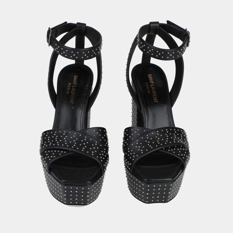 مملوكة مسبقًا Saint Laurent Black Studded Leather Platform Ankle Strap Sandals Size 37