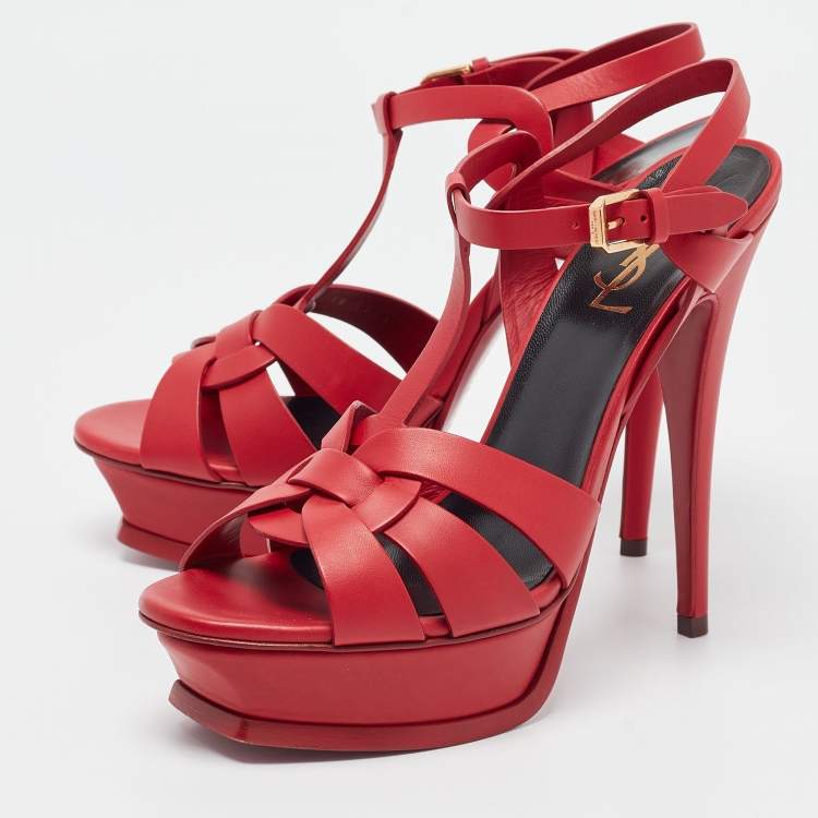 Pre Owned Saint Laurent Red Leather Tribute Sandals Size 38.5