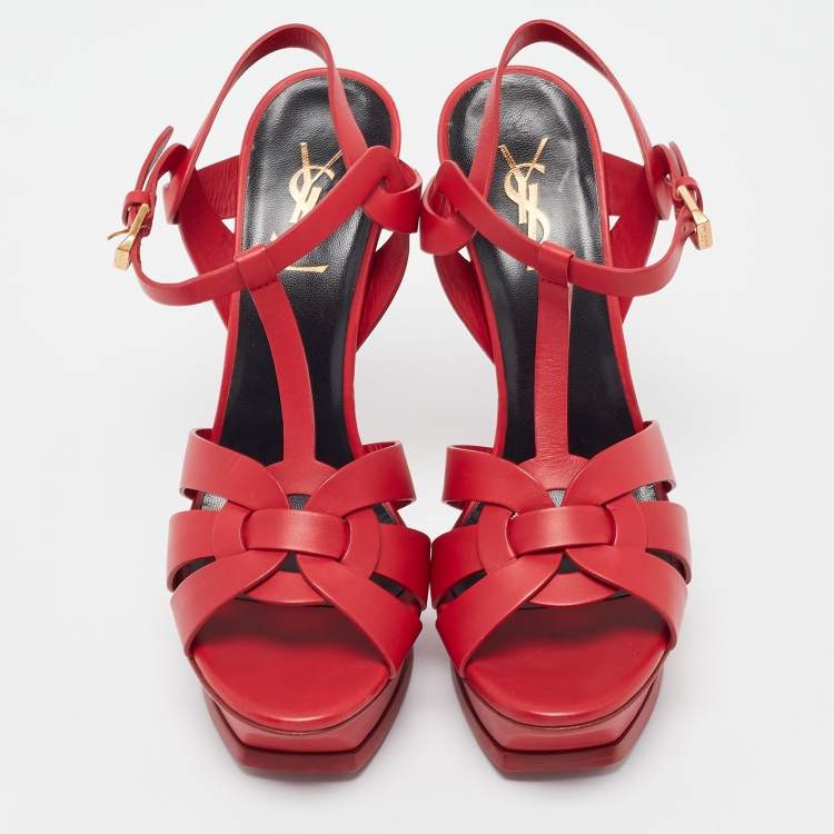 Pre Owned Saint Laurent Red Leather Tribute Sandals Size 38.5