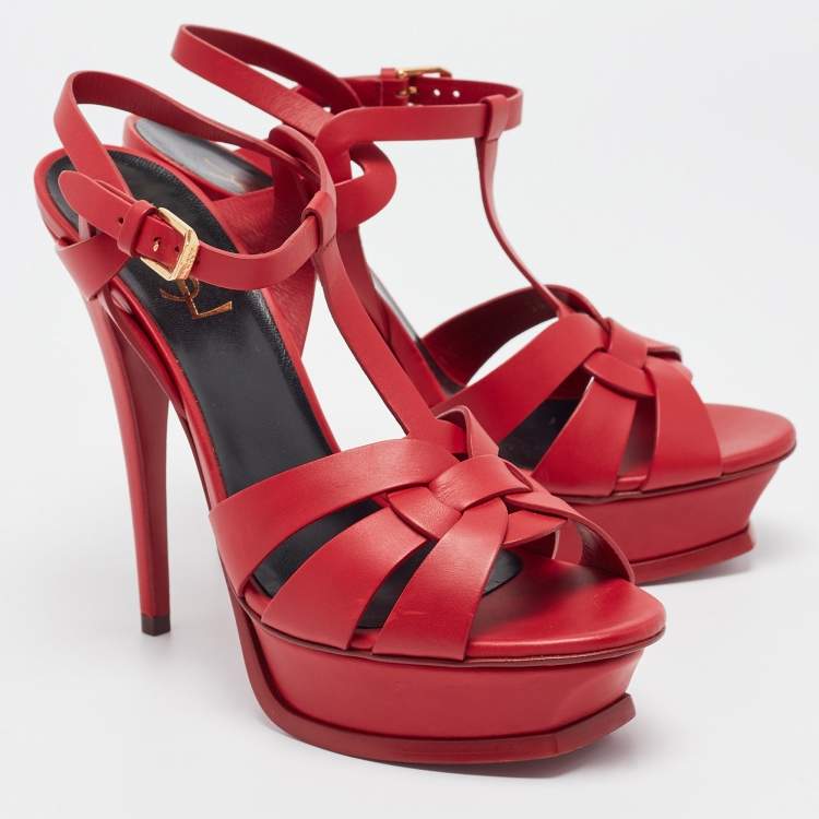 Pre Owned Saint Laurent Red Leather Tribute Sandals Size 38.5