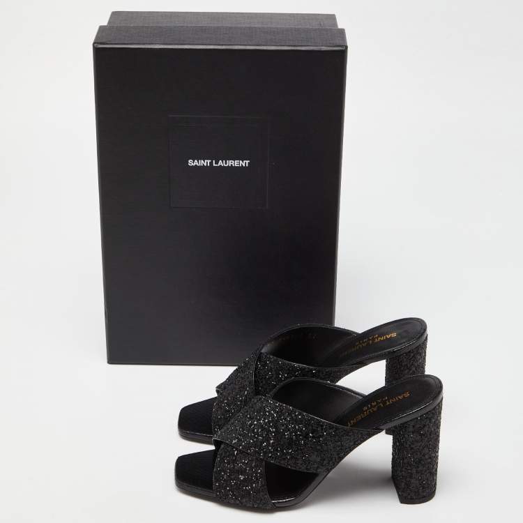Pre Owned Saint Laurent Black Glitter and Ayers Loulou Criss Cross Mules Size 37