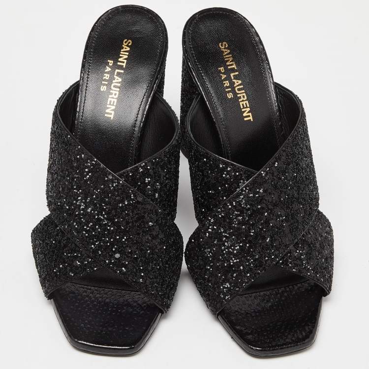 Pre Owned Saint Laurent Black Glitter and Ayers Loulou Criss Cross Mules Size 37