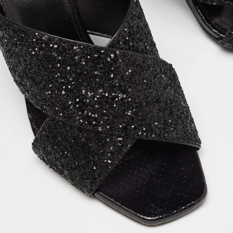Pre Owned Saint Laurent Black Glitter and Ayers Loulou Criss Cross Mules Size 37