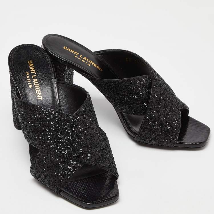 Pre Owned Saint Laurent Black Glitter and Ayers Loulou Criss Cross Mules Size 37