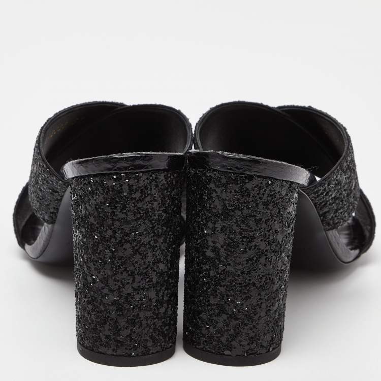 Pre Owned Saint Laurent Black Glitter and Ayers Loulou Criss Cross Mules Size 37