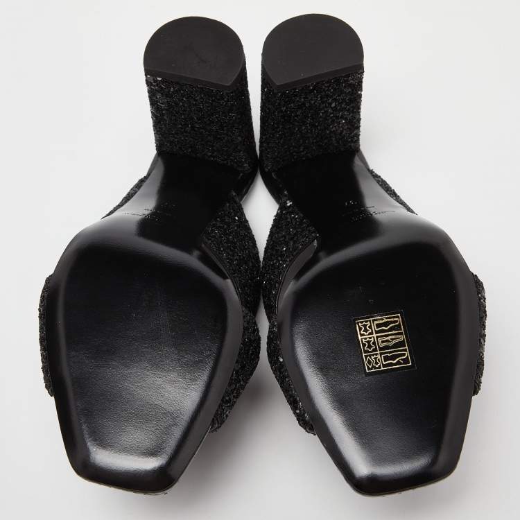Pre Owned Saint Laurent Black Glitter and Ayers Loulou Criss Cross Mules Size 37