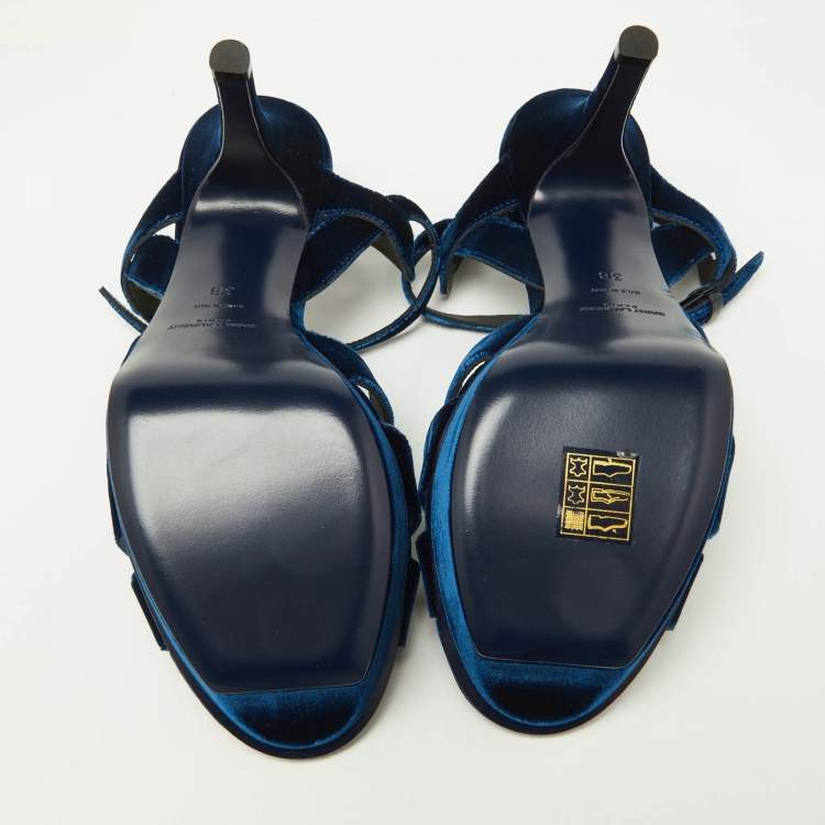 Pre Owned Saint Laurent Navy Blue Velvet Tribute Platform Ankle Strap Sandals Size 38