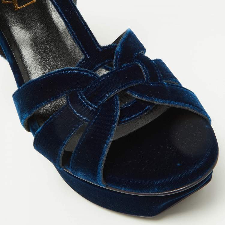 Pre Owned Saint Laurent Navy Blue Velvet Tribute Platform Ankle Strap Sandals Size 38