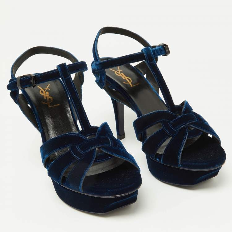 Pre Owned Saint Laurent Navy Blue Velvet Tribute Platform Ankle Strap Sandals Size 38