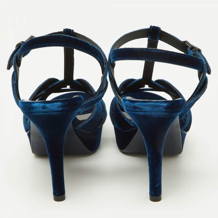 Pre Owned Saint Laurent Navy Blue Velvet Tribute Platform Ankle Strap Sandals Size 38