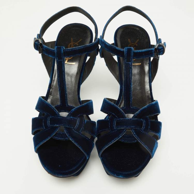 Pre Owned Saint Laurent Navy Blue Velvet Tribute Platform Ankle Strap Sandals Size 38