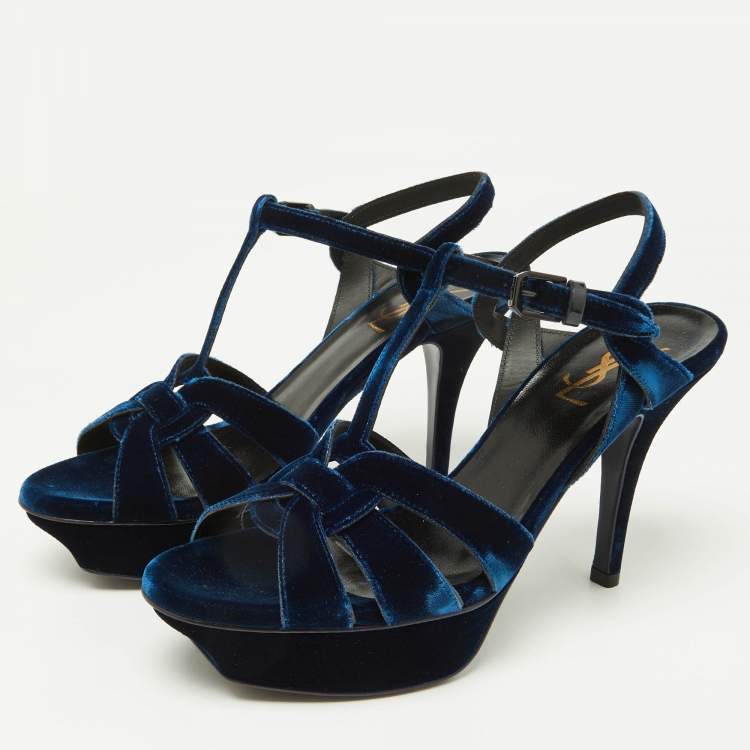 Pre Owned Saint Laurent Navy Blue Velvet Tribute Platform Ankle Strap Sandals Size 38