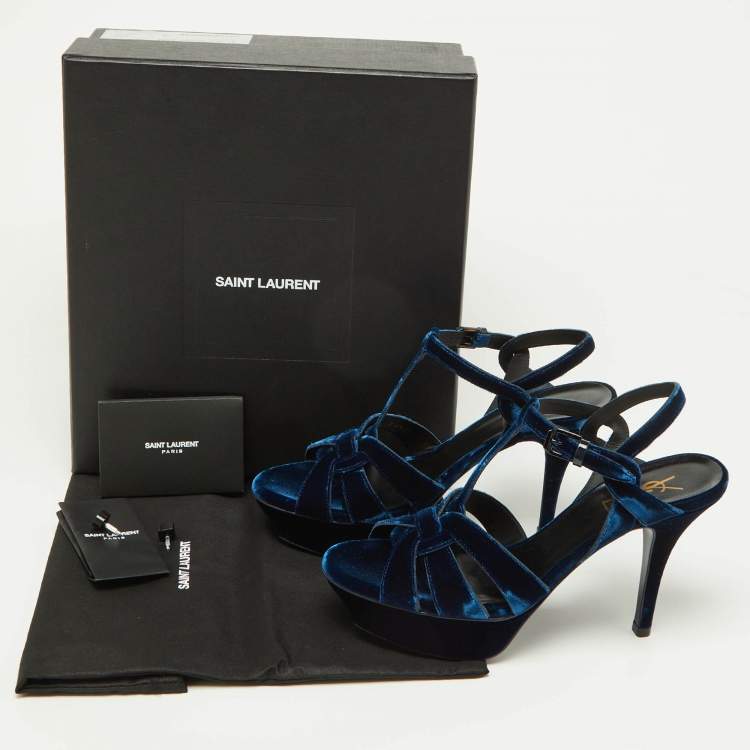 Pre Owned Saint Laurent Navy Blue Velvet Tribute Platform Ankle Strap Sandals Size 38