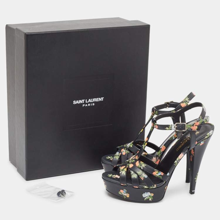 Pre Owned Saint Laurent Black Floral Print Leather Platform Sandals Size 37.5