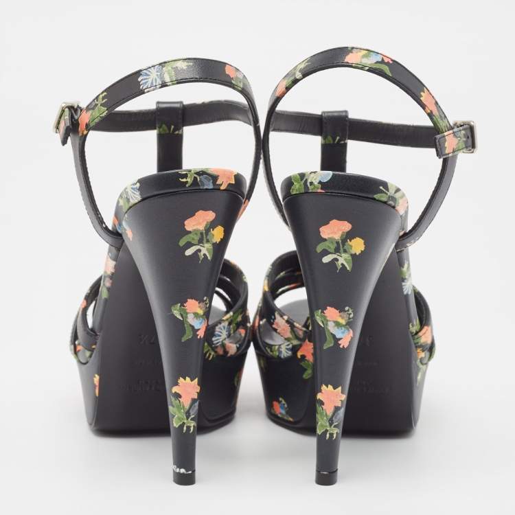 Pre Owned Saint Laurent Black Floral Print Leather Platform Sandals Size 37.5