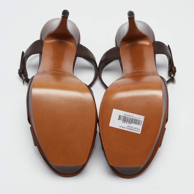 Pre Owned Saint Laurent Brown Leather Ankle Strap Sandals Size 41