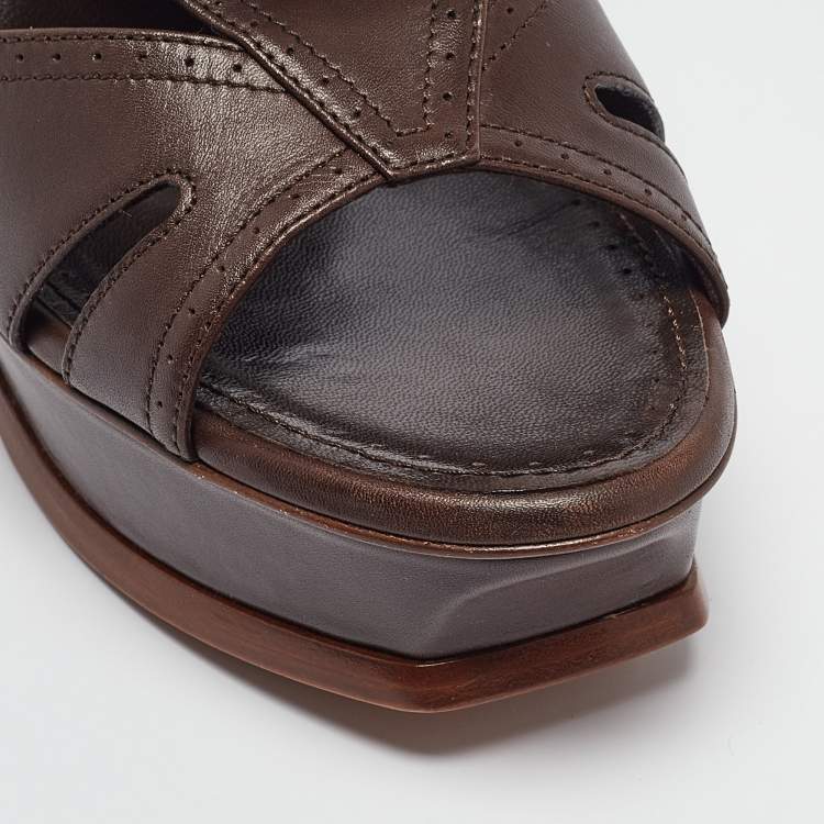 Pre Owned Saint Laurent Brown Leather Ankle Strap Sandals Size 41