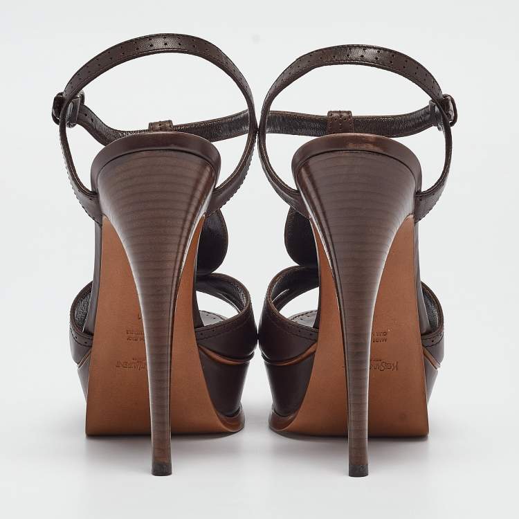 Pre Owned Saint Laurent Brown Leather Ankle Strap Sandals Size 41