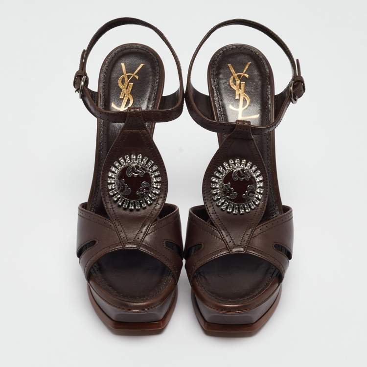 Pre Owned Saint Laurent Brown Leather Ankle Strap Sandals Size 41