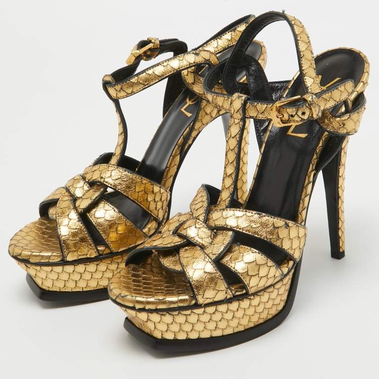 Pre Owned Saint Laurent Gold Embossed Python Tribute Sandals Size 36