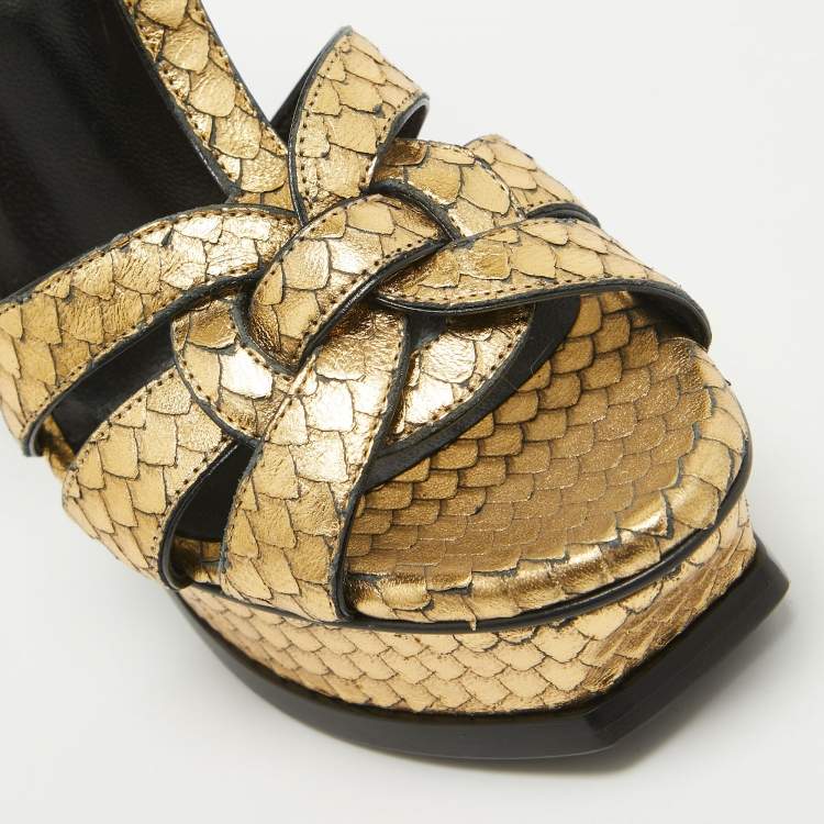 Pre Owned Saint Laurent Gold Embossed Python Tribute Sandals Size 36