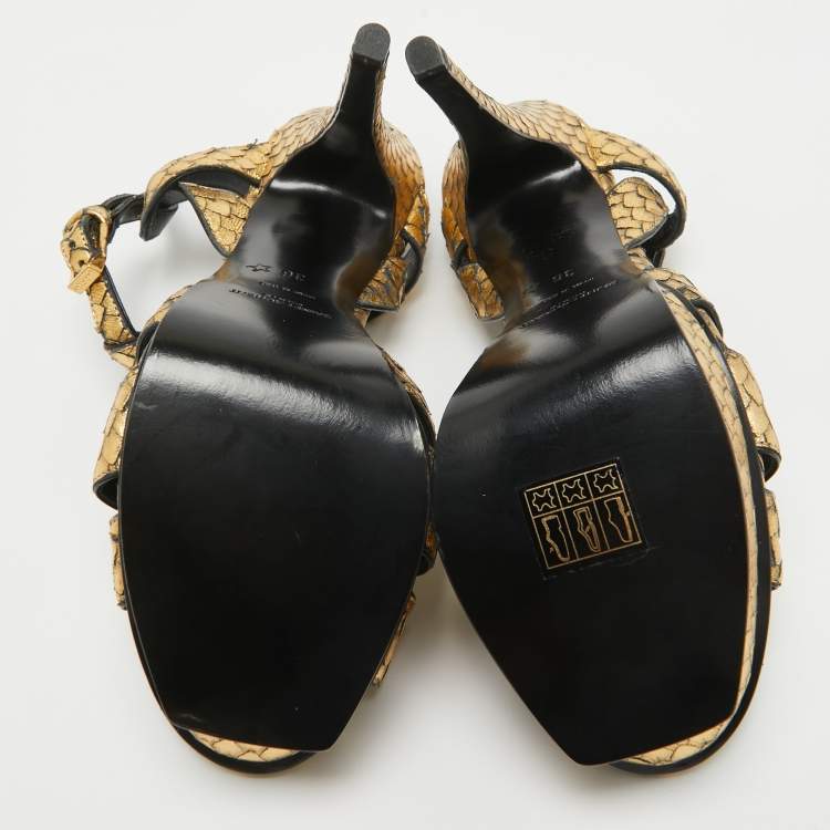 Pre Owned Saint Laurent Gold Embossed Python Tribute Sandals Size 36