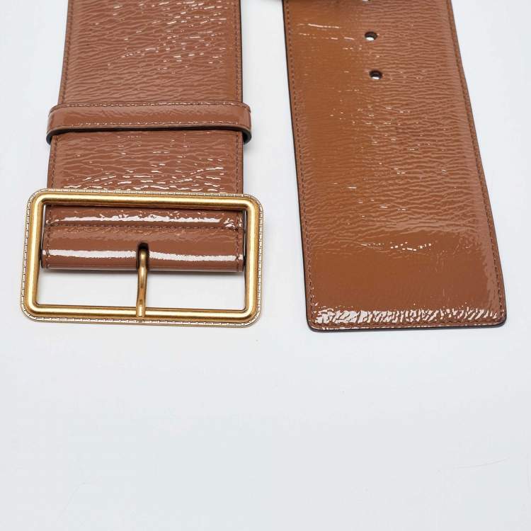 Pre Owned Saint Laurent Brown Patent Leather Buckle Wide Belt 70CM