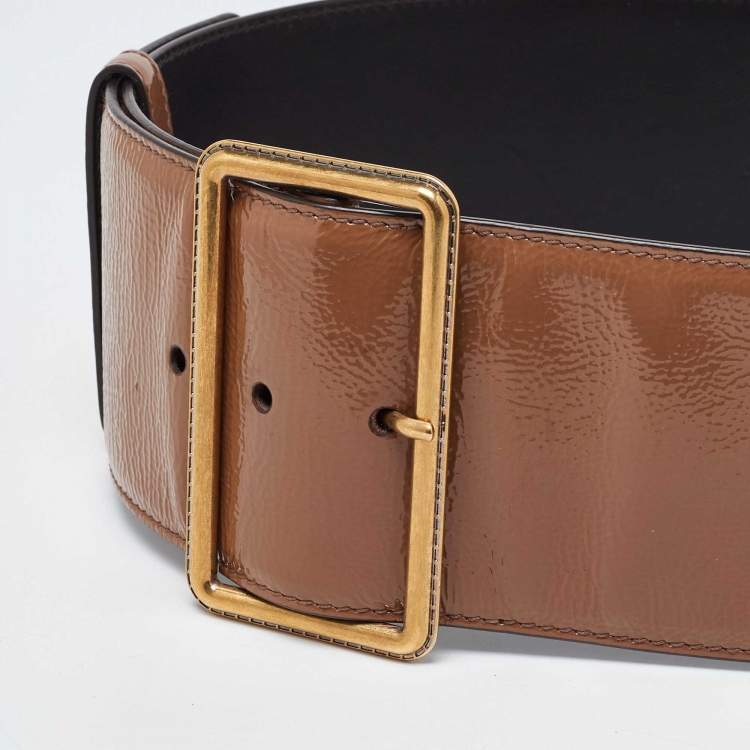 Pre Owned Saint Laurent Brown Patent Leather Buckle Wide Belt 70CM