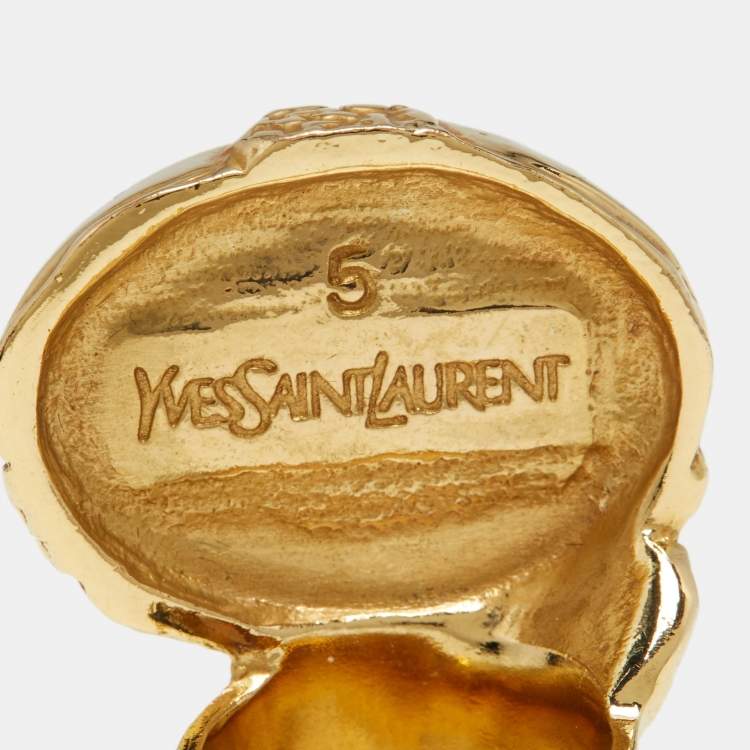 Pre Owned Saint Laurent Paris Arty Glass Gold Tone Ring Size 51