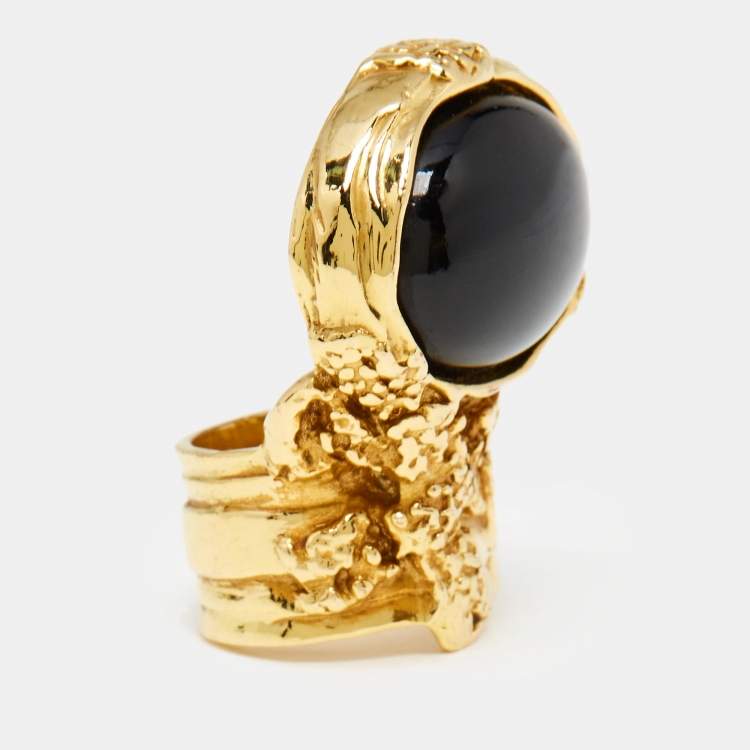 Pre Owned Saint Laurent Paris Arty Glass Gold Tone Ring Size 51