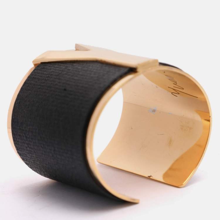 Pre Owned Yves Saint Laurent Black/Gold Tone Metal and Leather Y Wide Cuff Bracelet