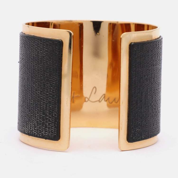 Pre Owned Yves Saint Laurent Black/Gold Tone Metal and Leather Y Wide Cuff Bracelet