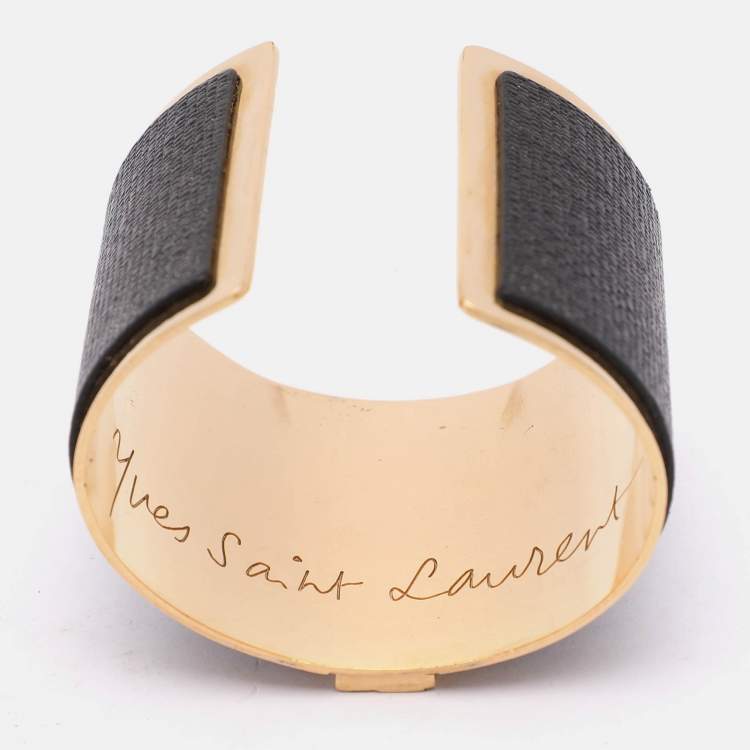 Pre Owned Yves Saint Laurent Black/Gold Tone Metal and Leather Y Wide Cuff Bracelet