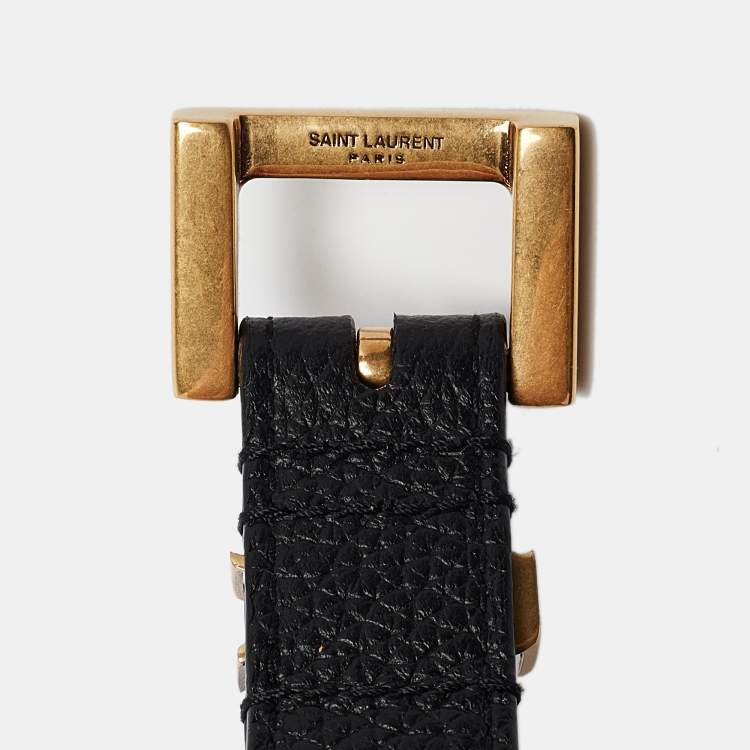 Pre Owned Saint Laurent Black Leather Cassandre Slim Belt 75 CM