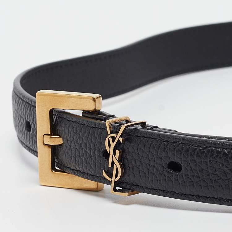 Pre Owned Saint Laurent Black Leather Cassandre Slim Belt 75 CM