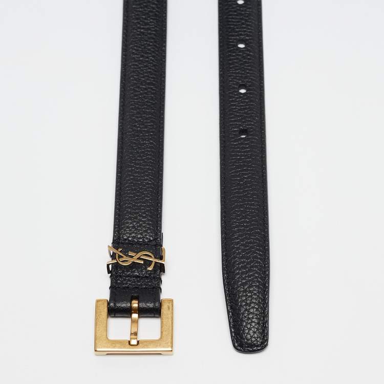 Pre Owned Saint Laurent Black Leather Cassandre Slim Belt 75 CM