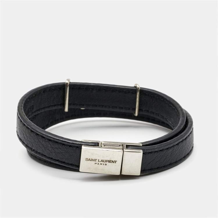 Pre Owned Saint Laurent Opyum Black Leather Silver Tone Wrap Bracelet