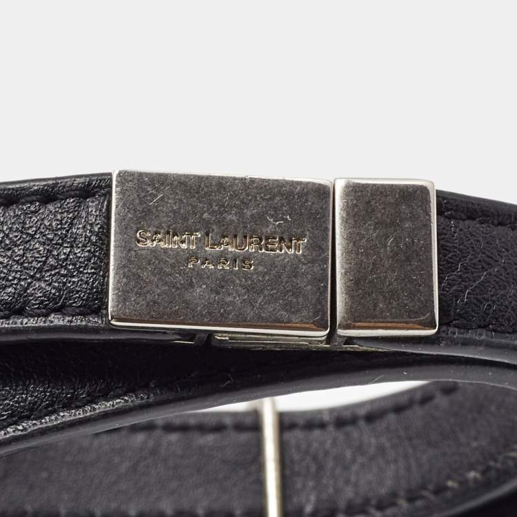 Pre Owned Saint Laurent Opyum Black Leather Silver Tone Wrap Bracelet