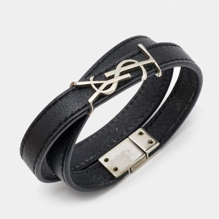 Pre Owned Saint Laurent Opyum Black Leather Silver Tone Wrap Bracelet