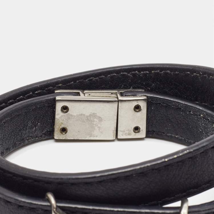 Pre Owned Saint Laurent Opyum Black Leather Silver Tone Wrap Bracelet