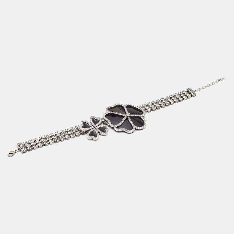 Pre Owned Saint Laurent Crystal Heart Clover Silver Tone Choker Necklace
