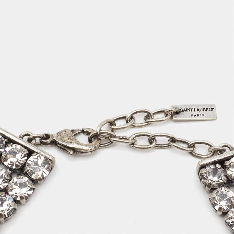 Pre Owned Saint Laurent Crystal Heart Clover Silver Tone Choker Necklace