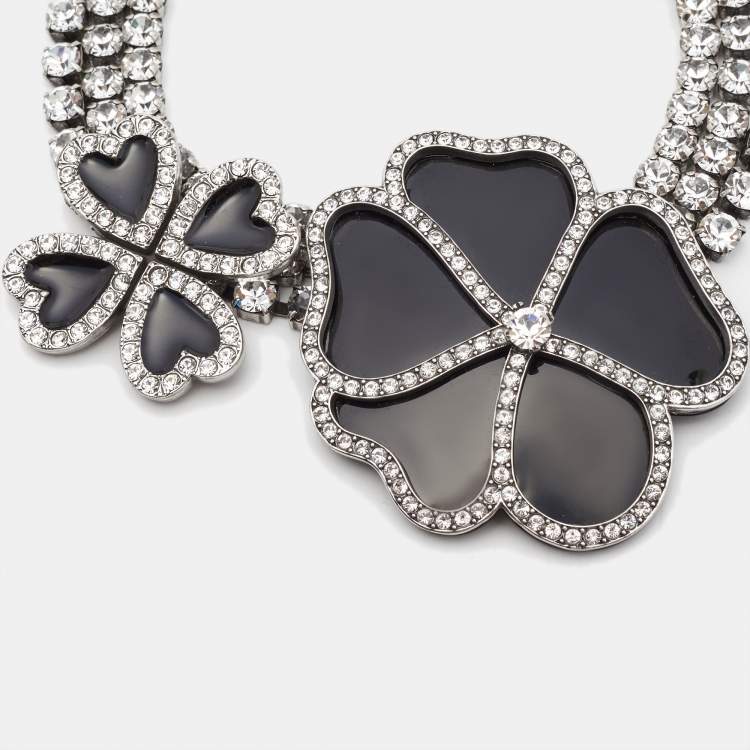 Pre Owned Saint Laurent Crystal Heart Clover Silver Tone Choker Necklace